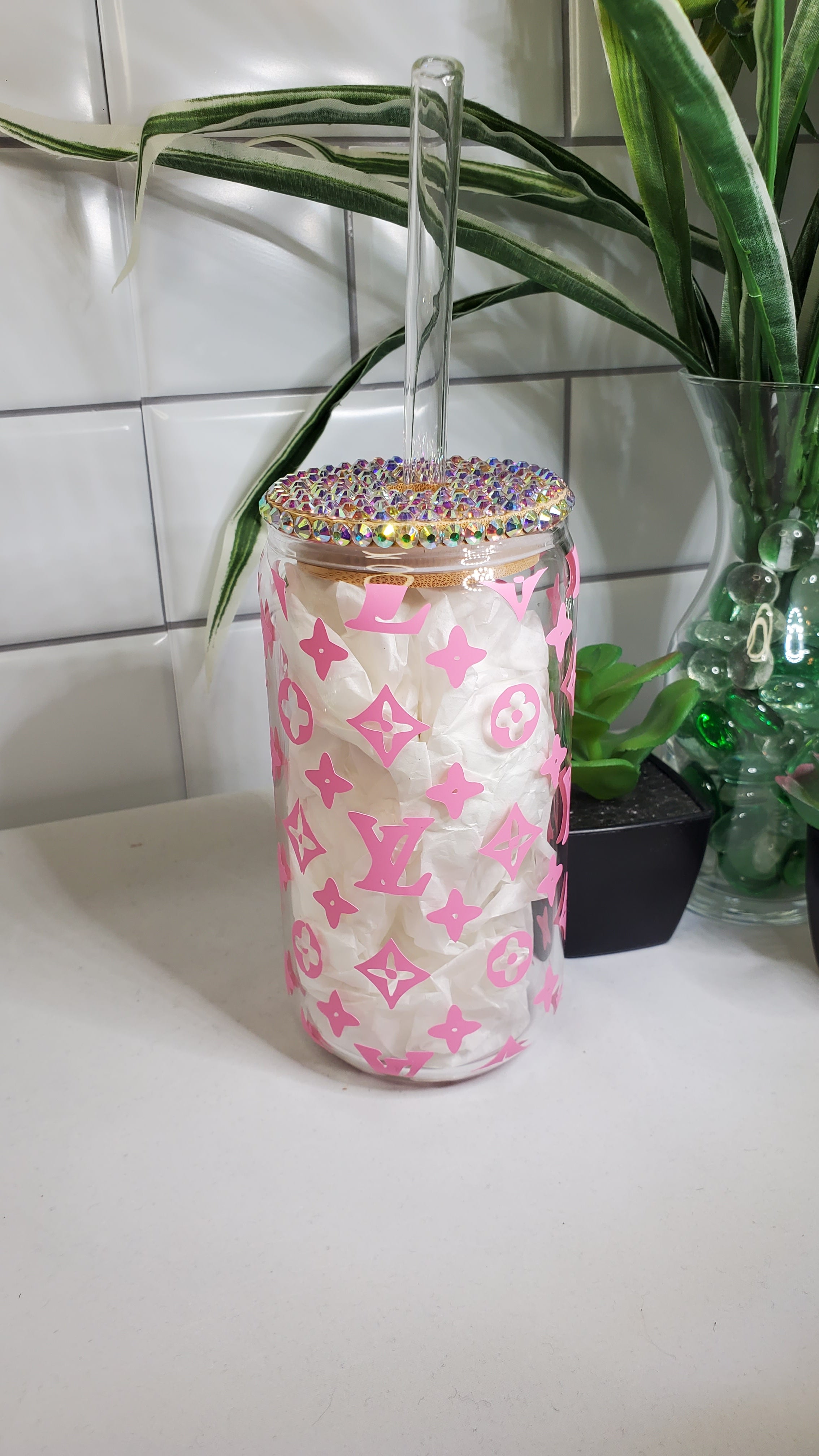 Lv Inspired Glass Can